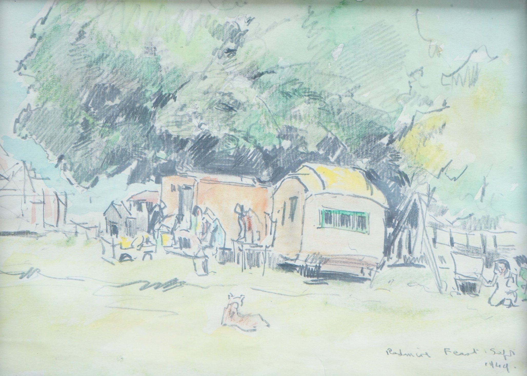 Fred Lawson (1888-1968), Gypsy campsite with feast, signed and dated 1949, pencil and wash, 17 x 23cm